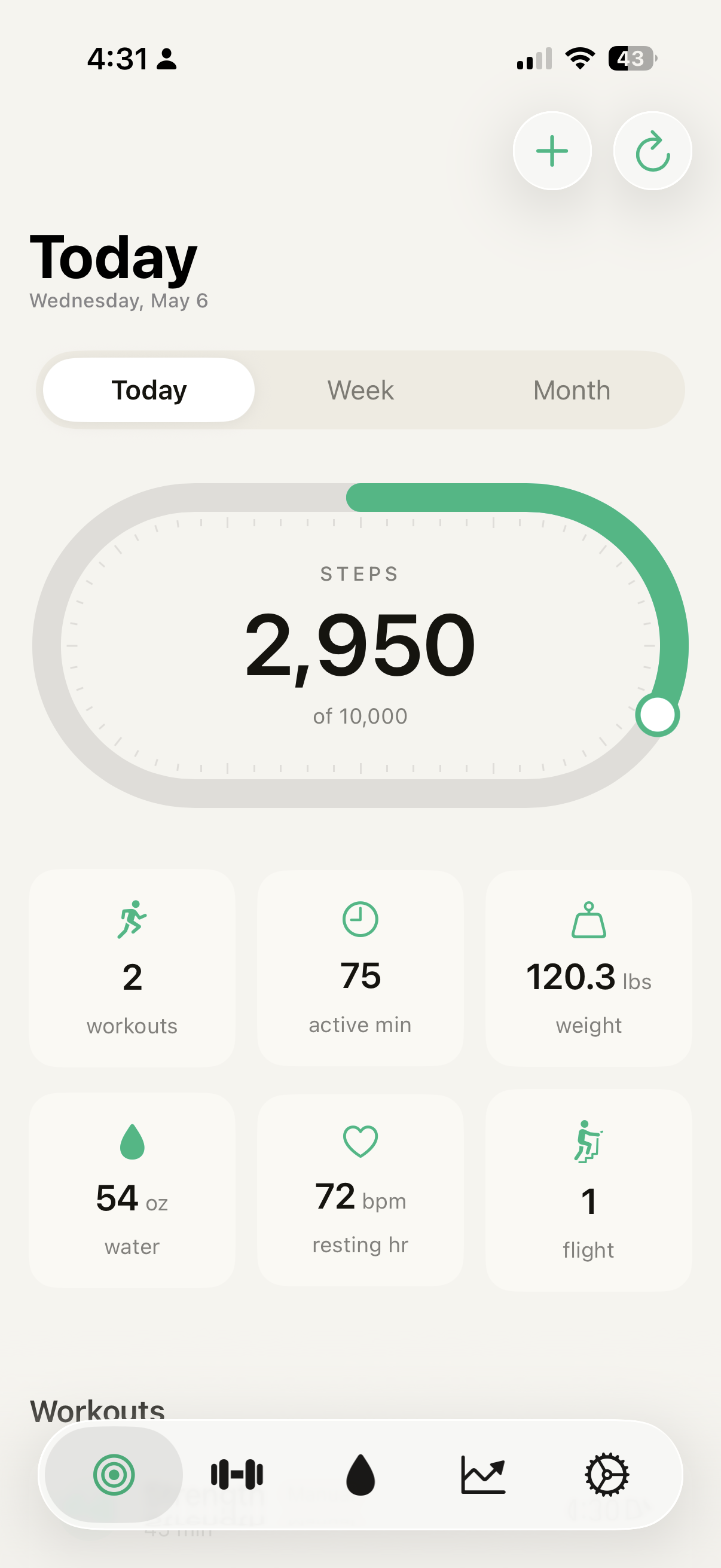 BuiltDaily Today screen showing steps, workouts, water, weight, resting heart rate, and flights