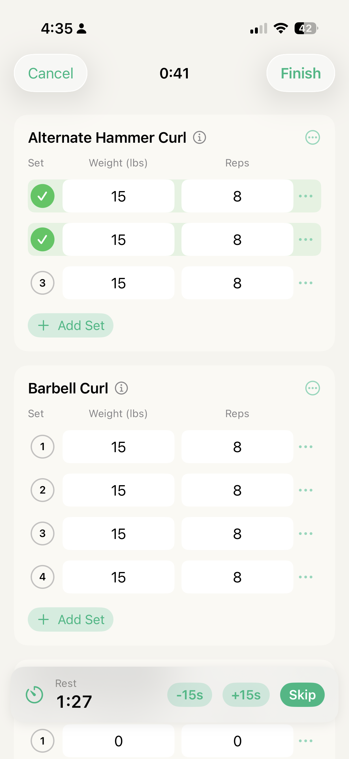 BuiltDaily live workout session showing Alternate Hammer Curl and Barbell Curl with set, weight, and reps tracking, plus a rest timer