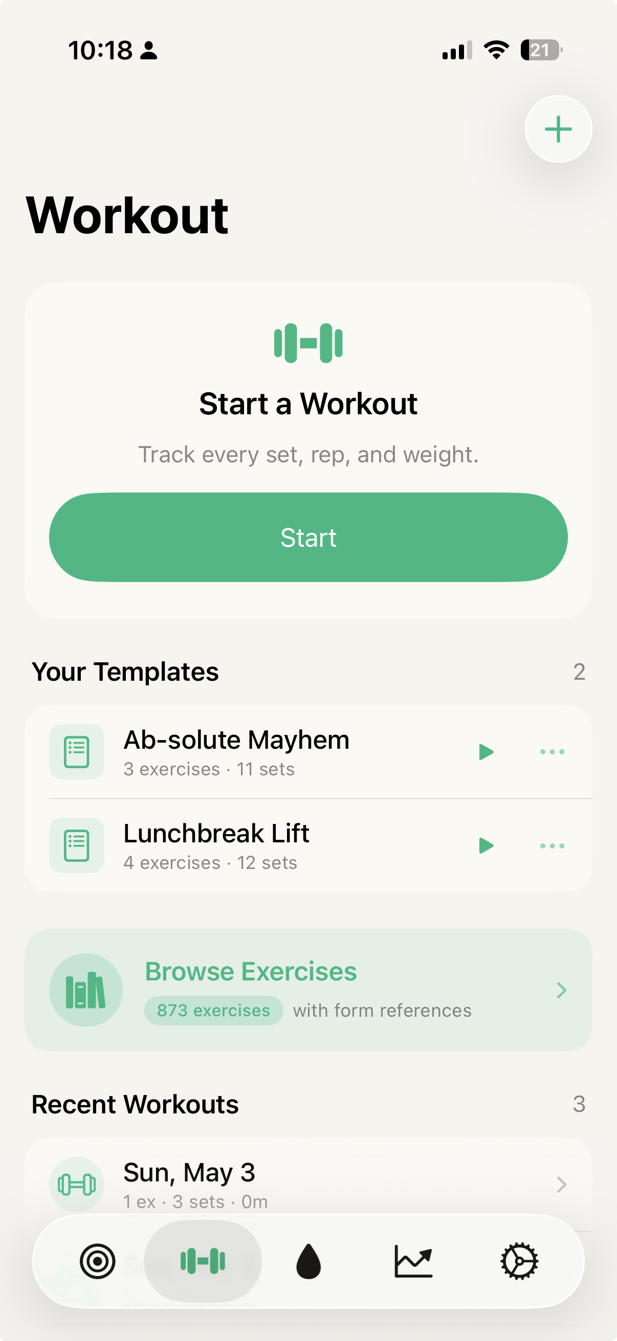 BuiltDaily Workout screen with templates and recent sessions